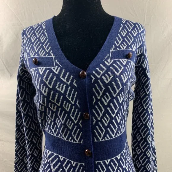 Button Front Pattern Sweater Dress Blue - Picture 6 of 7
